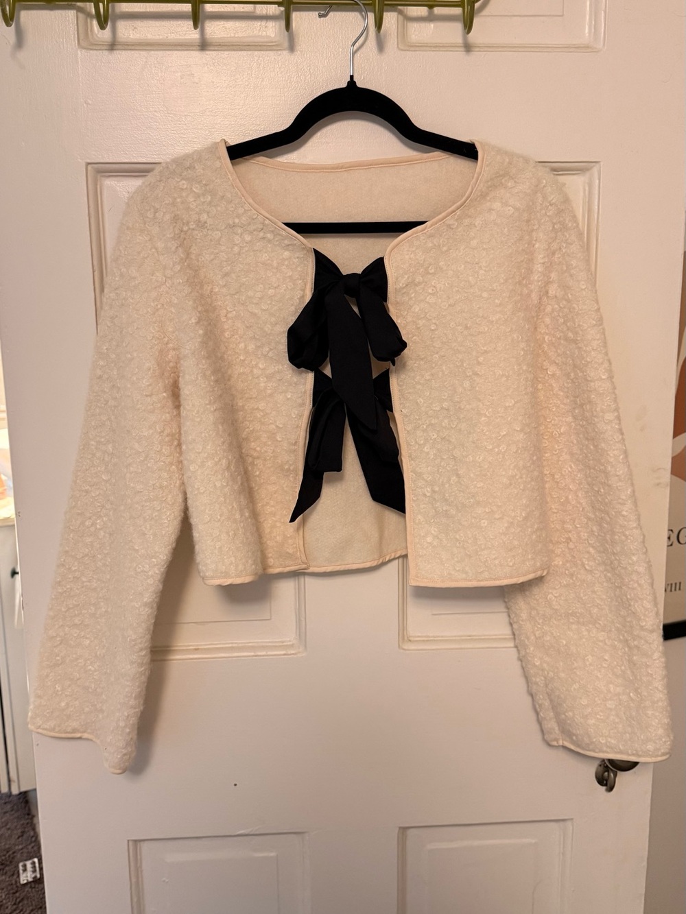 Women's Cream Bouclé Cropped Jacket with Black Ribbon Tie